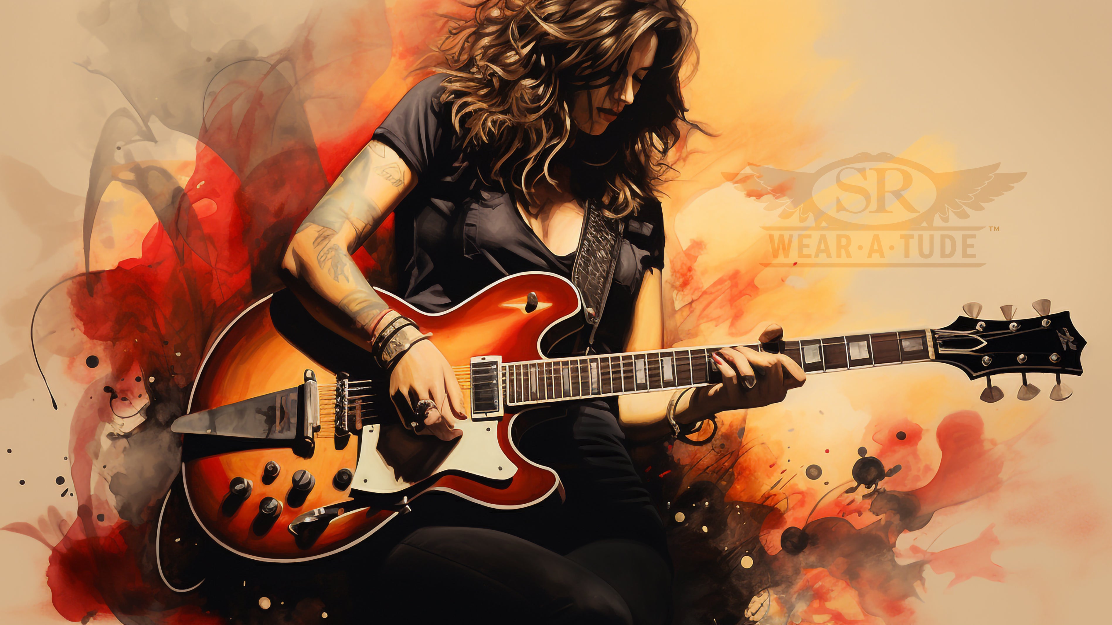 Sexy brunet woman playing blues guitar in a lost watercolour and ink style. SR Wear Atude, Rock clothing with an edge 