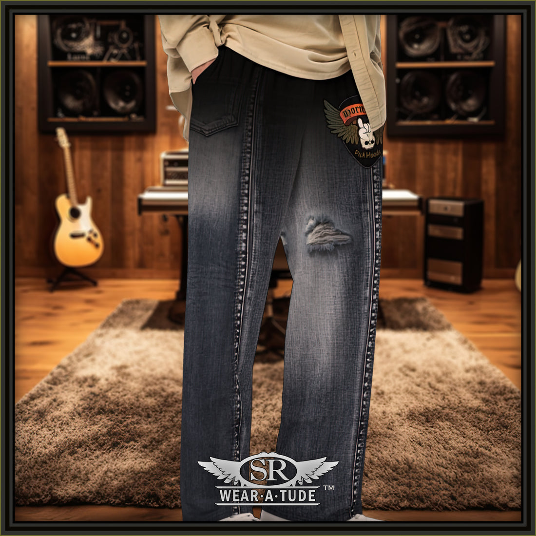 Faux ripped jean look on your comfy clothes. Get the comfort of lounge-wear in this stylish pair of wide-leg pants. With the adjustable waist and stretchy fabric, they are casual enough just to hang out at home, but dressed up with the right shirt and jacket these can be for going out and jamming at your buddies place. 