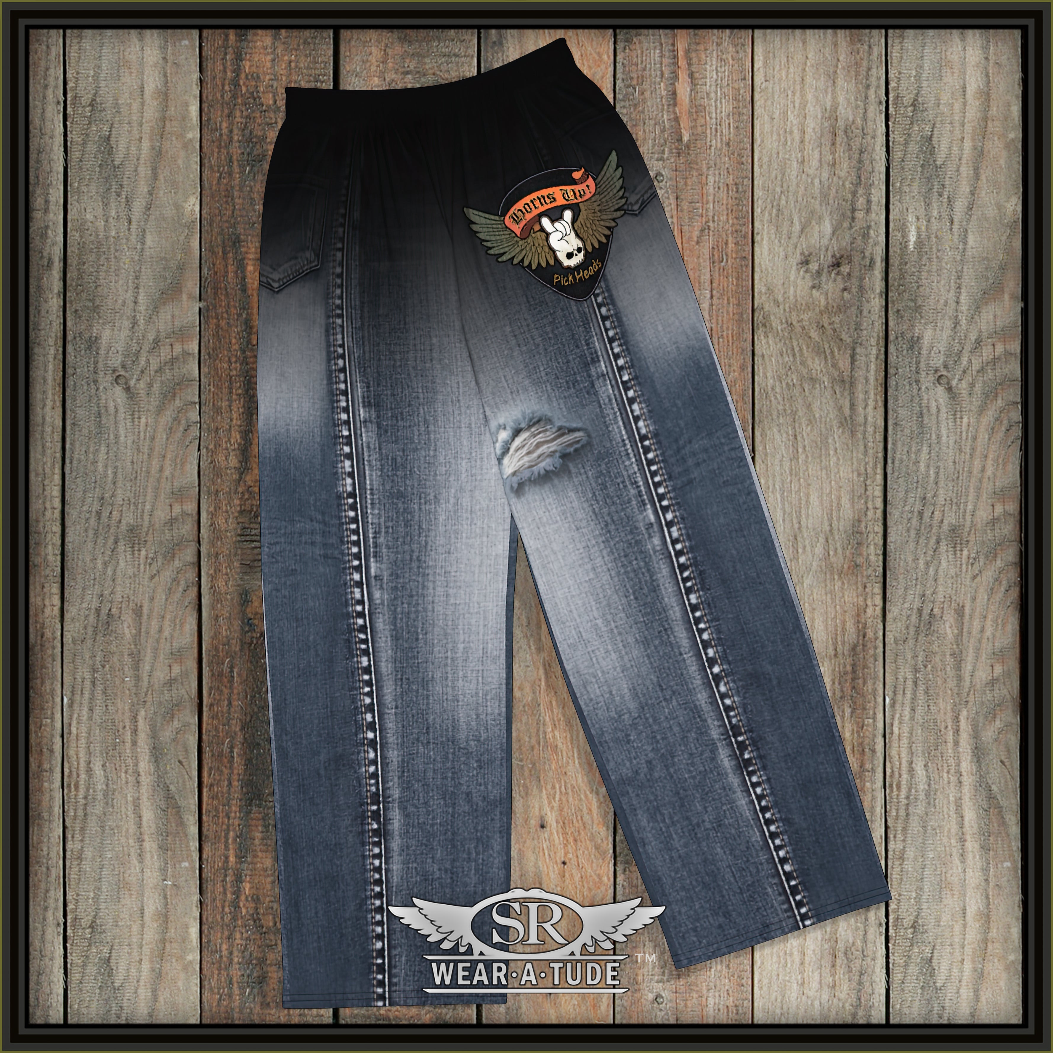 Faux ripped jean look on your comfy clothes. Get the comfort of lounge-wear in this stylish pair of wide-leg pants. With the adjustable waist and stretchy fabric, they are casual enough just to hang out at home, but dressed up with the right shirt and jacket these can be for going out and jamming at your buddies place. 