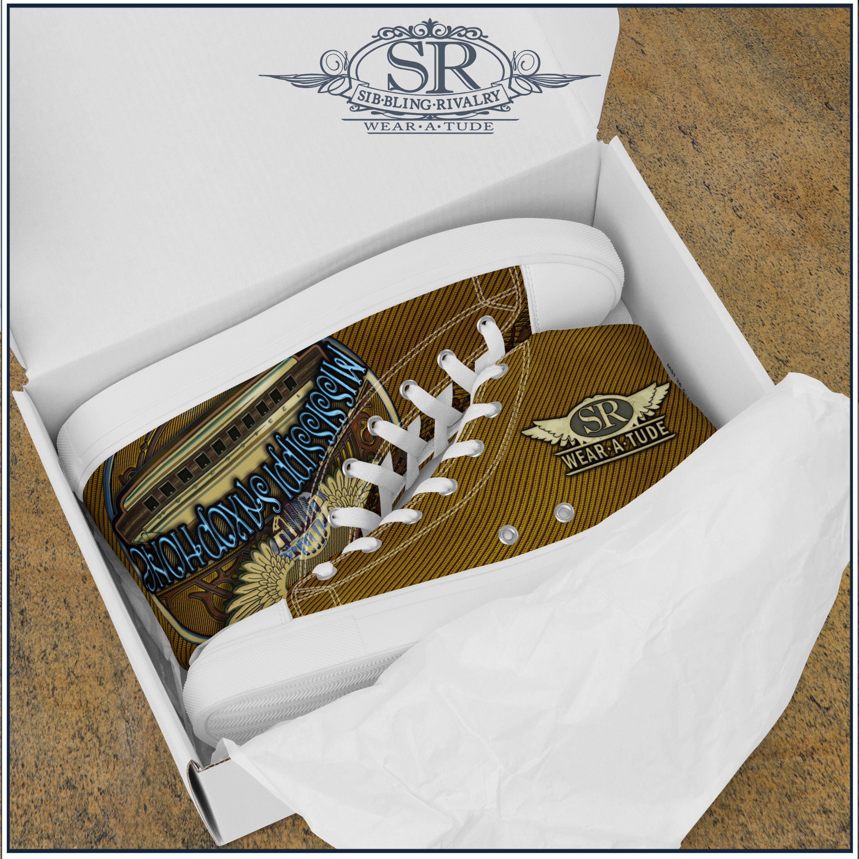 Mississippi Saxophone high top mens sneakers created by SR Wearatude, SibBling Rivalry Design. Great for harmonica players, Blue tunes for your feet, Unique edgy print for your stage clothing.