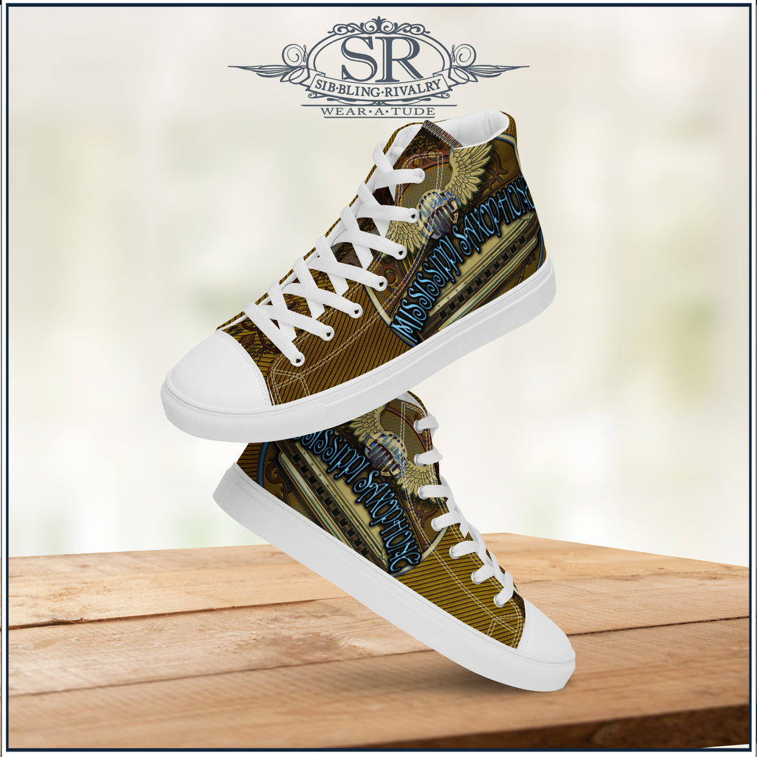 Mississippi Saxophone high top mens sneakers created by SR Wearatude, SibBling Rivalry Design. Great for harmonica players, Blue tunes for your feet, Unique edgy print for your stage clothing.