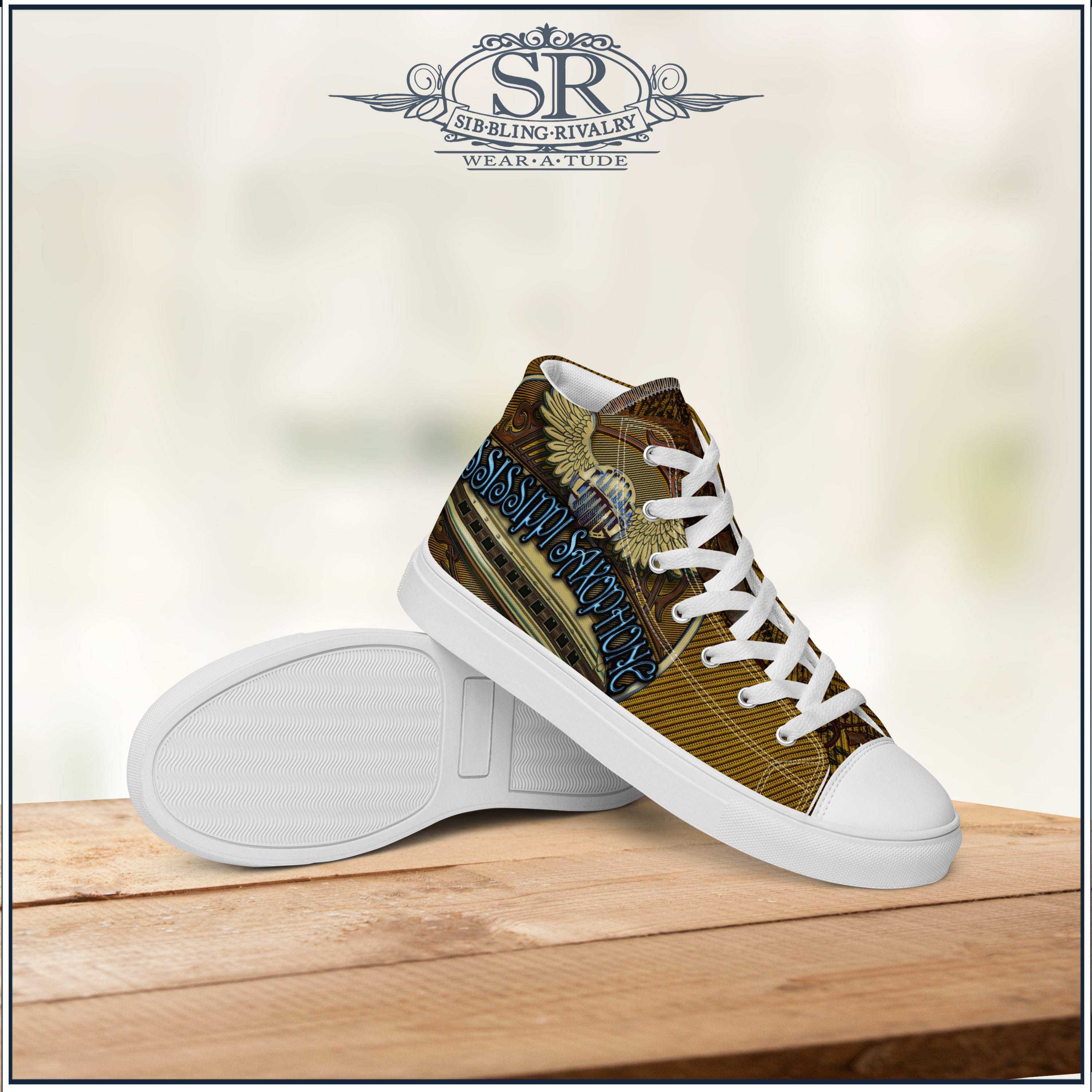 Mississippi Saxophone high top mens sneakers created by SR Wearatude, SibBling Rivalry Design. Great for harmonica players, Blue tunes for your feet, Unique edgy print for your stage clothing.