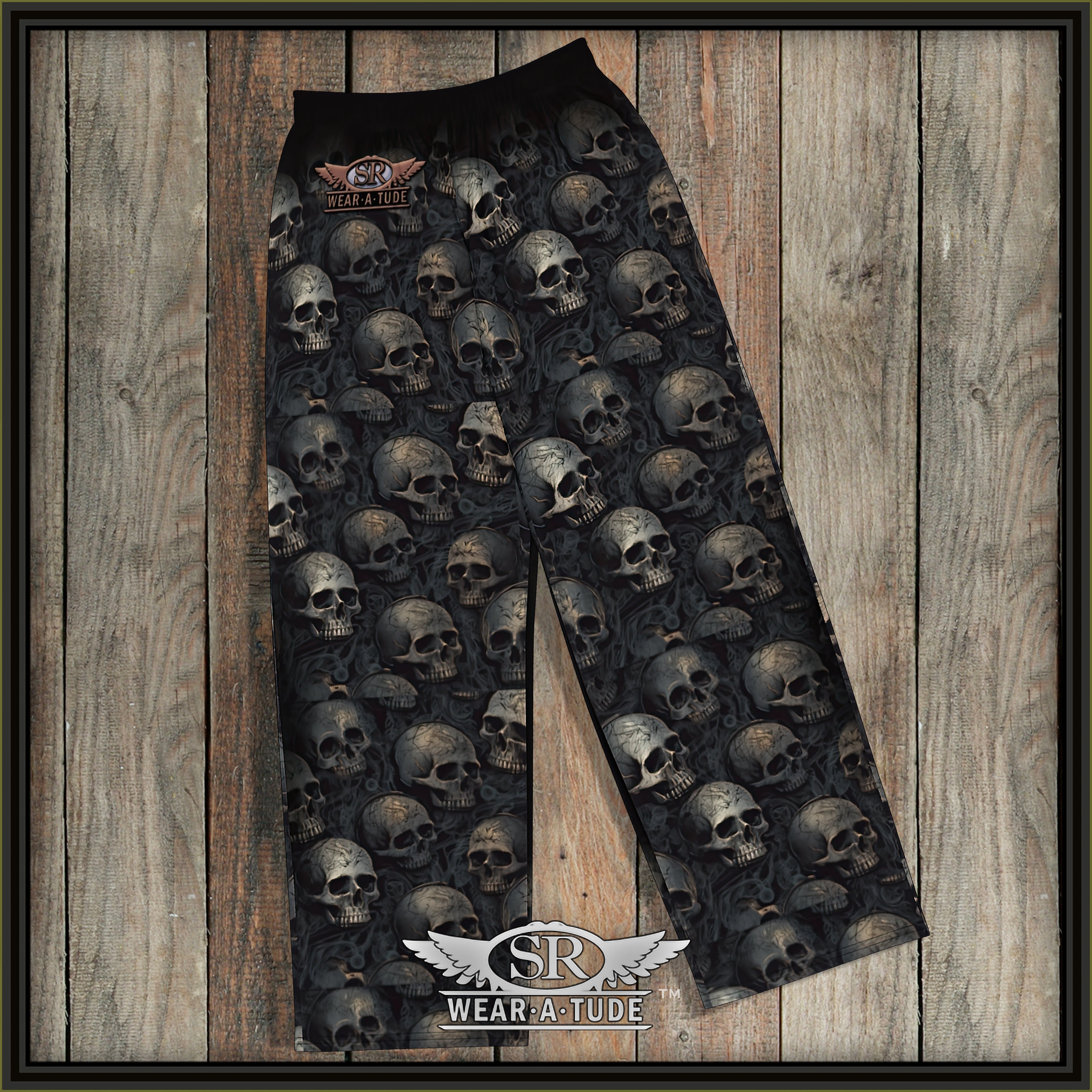 The SRWearAtude logo proudly adorns these lounge pants, making a bold statement about your allegiance to the music that moves your soul. The skulls, in varying sizes and positions, exude an attitude that&