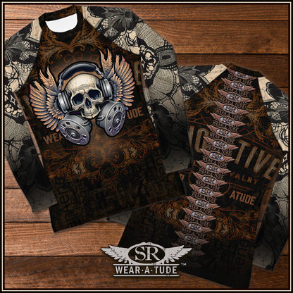 SR Wear Atude brings our Metal/Punk long sleeved rashguard to your wardrobe. The epic gas masked skull fills the front of the shirt commanding attention in full punk rock style. Constructed from a high-performance smooth fabric blend, this rashguard offers a luxurious feel against your skin, allowing for unrestricted movement during your activities. Its versatile design makes it ideal for various sports, providing reliable protection against the sun, wind, and other elements.