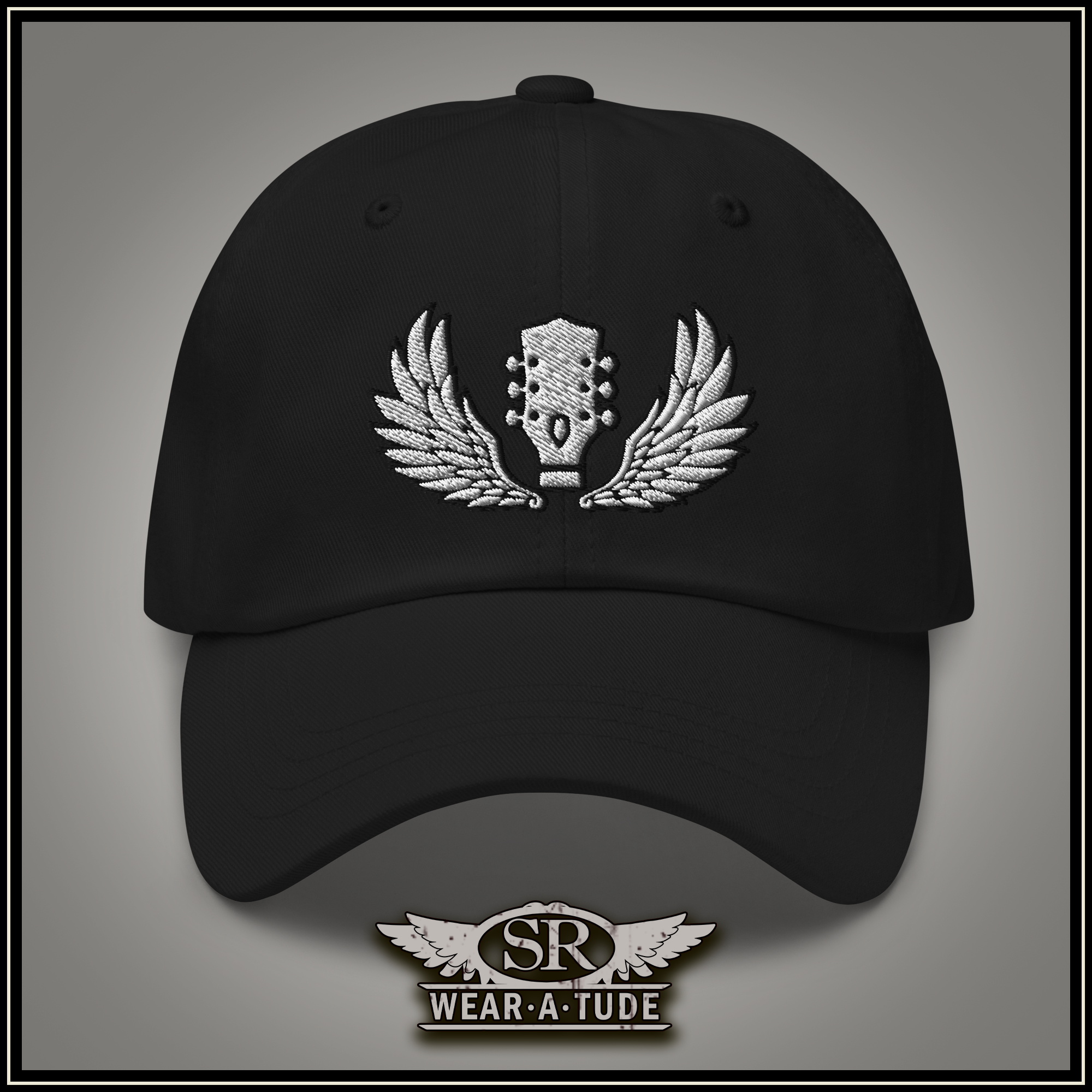 Classic-Rock-style-baseball-hat-embroidered-guitar-headstock-with-wings-SR WearAtude-by-SibBling Rivalry