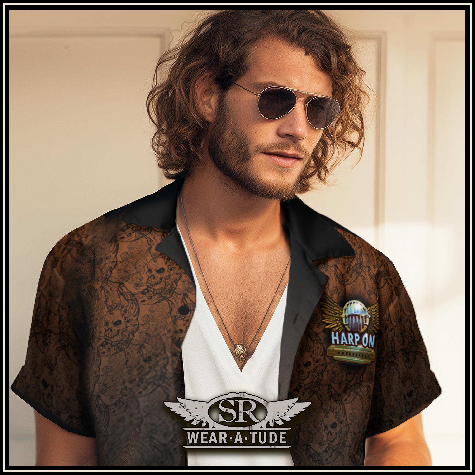 Our Harp On brand looks slick on this killer button up short sleeve shirt. The signature style graphics is evident with the Smoking Moon-skull pattern on a rich deep sienna brown, trimmed with a charcoal trim.