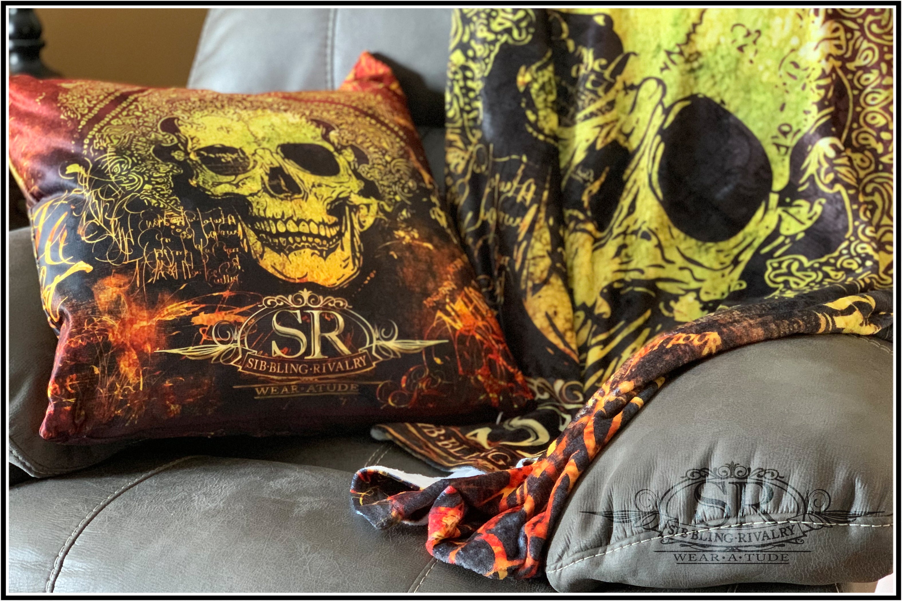 GRUNGE ORANGE SKULL ~ LG Throw Pillow - SIB.BLING RIVALRY