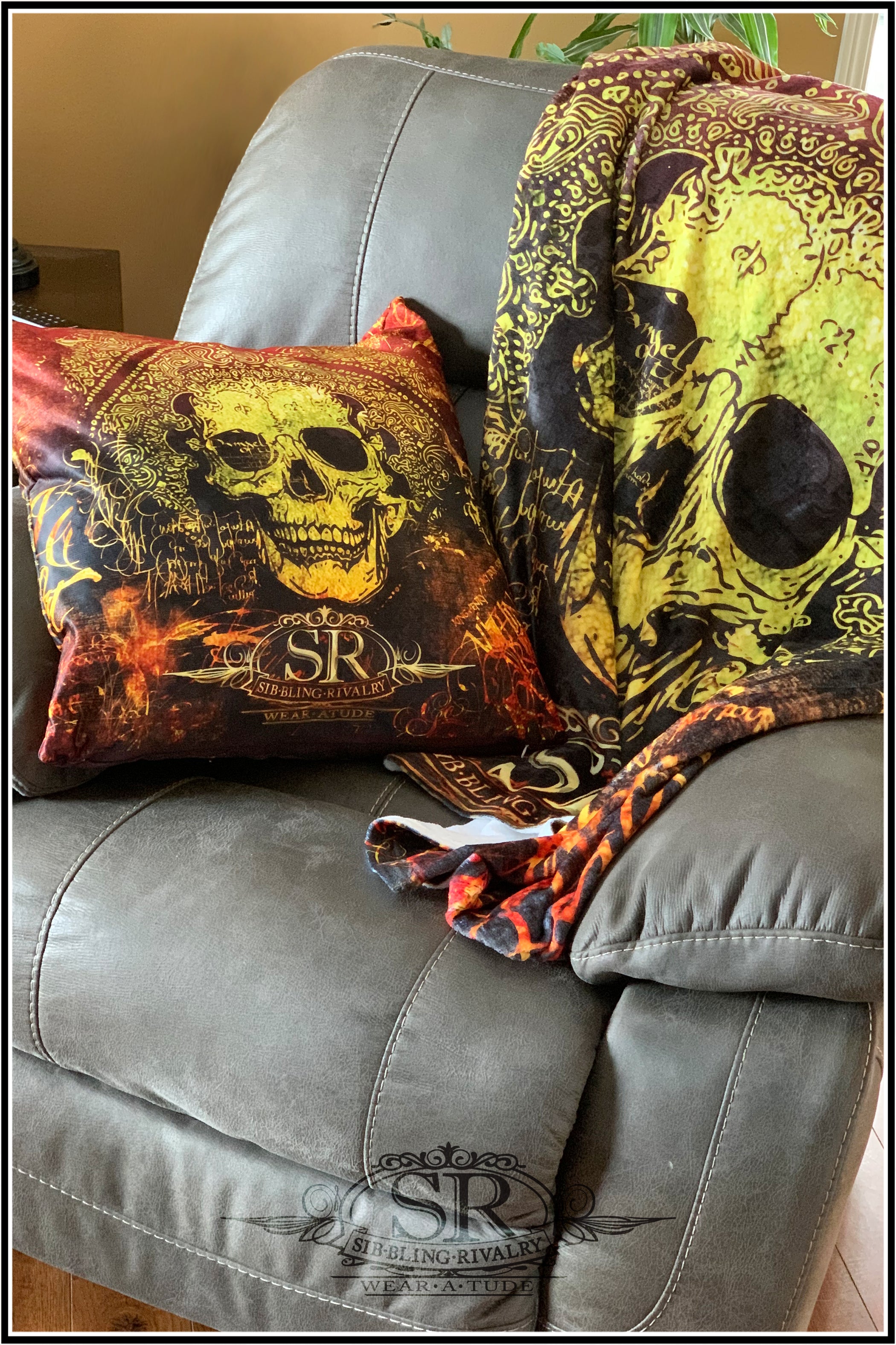 GRUNGE ORANGE SKULL ~ LG Throw Pillow - SIB.BLING RIVALRY