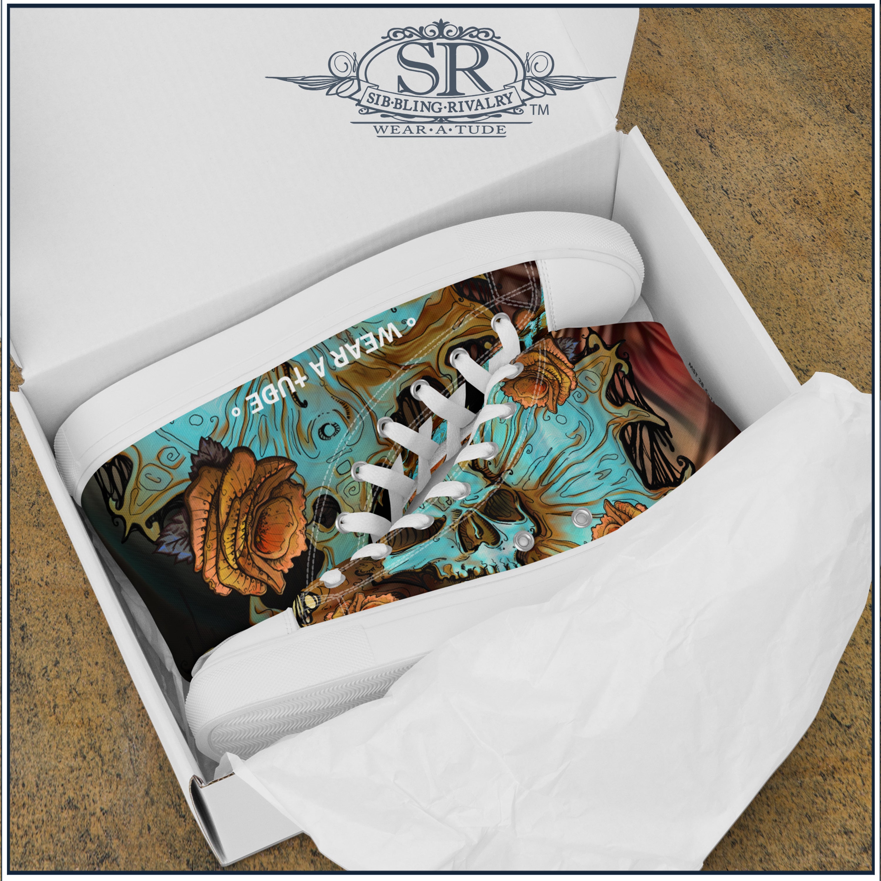 Step into the edgy world of rock fashion with the Death &amp; Roses Women’s High Top Shoes by SIB.BLING RIVALRY SR Wear Atude. These high-top sneakers redefine footwear with a perfect blend of rebellion and elegance, making them a statement piece for any confident woman who embraces a bold sense of style. 