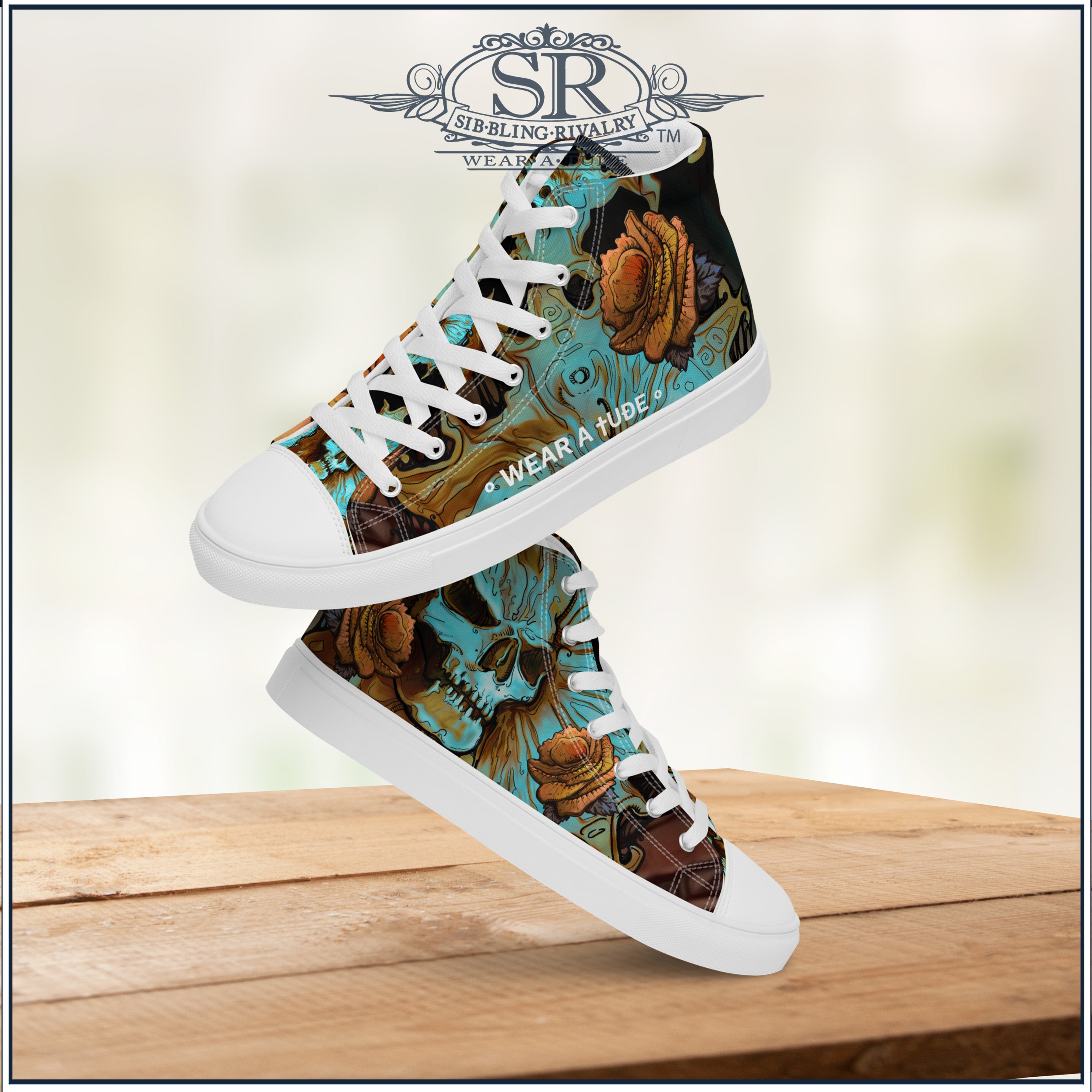 Step into the edgy world of rock fashion with the Death &amp; Roses Women’s High Top Shoes by SIB.BLING RIVALRY SR Wear Atude. These high-top sneakers redefine footwear with a perfect blend of rebellion and elegance, making them a statement piece for any confident woman who embraces a bold sense of style.  