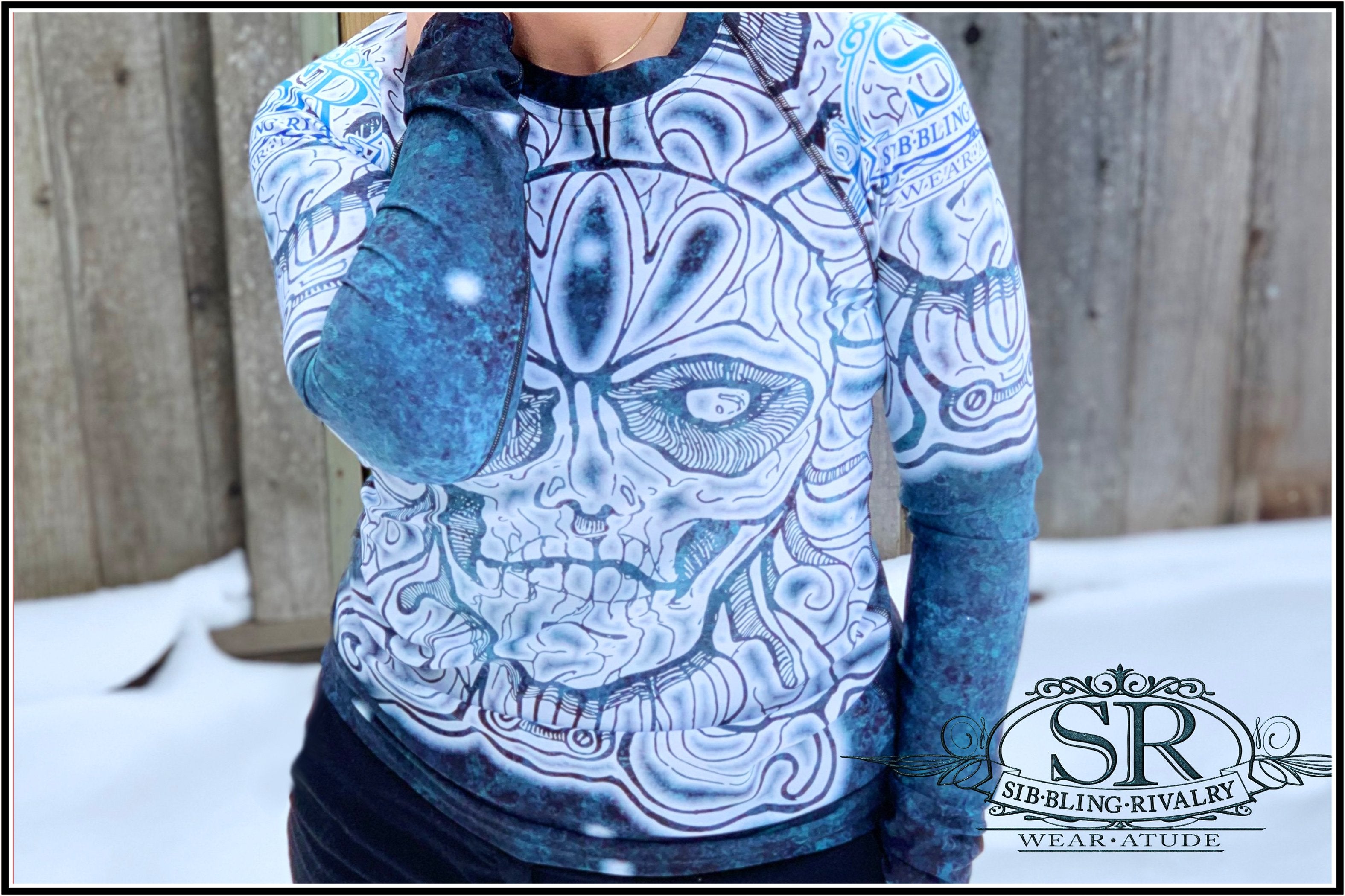 SUGAR &amp; SNOW ~ SR Rash Guard - SIB.BLING RIVALRY Wear A Tude clothing by SibBling Rivalry Design. Our striking Sugar Skull design on a form fitting sports shirt. 